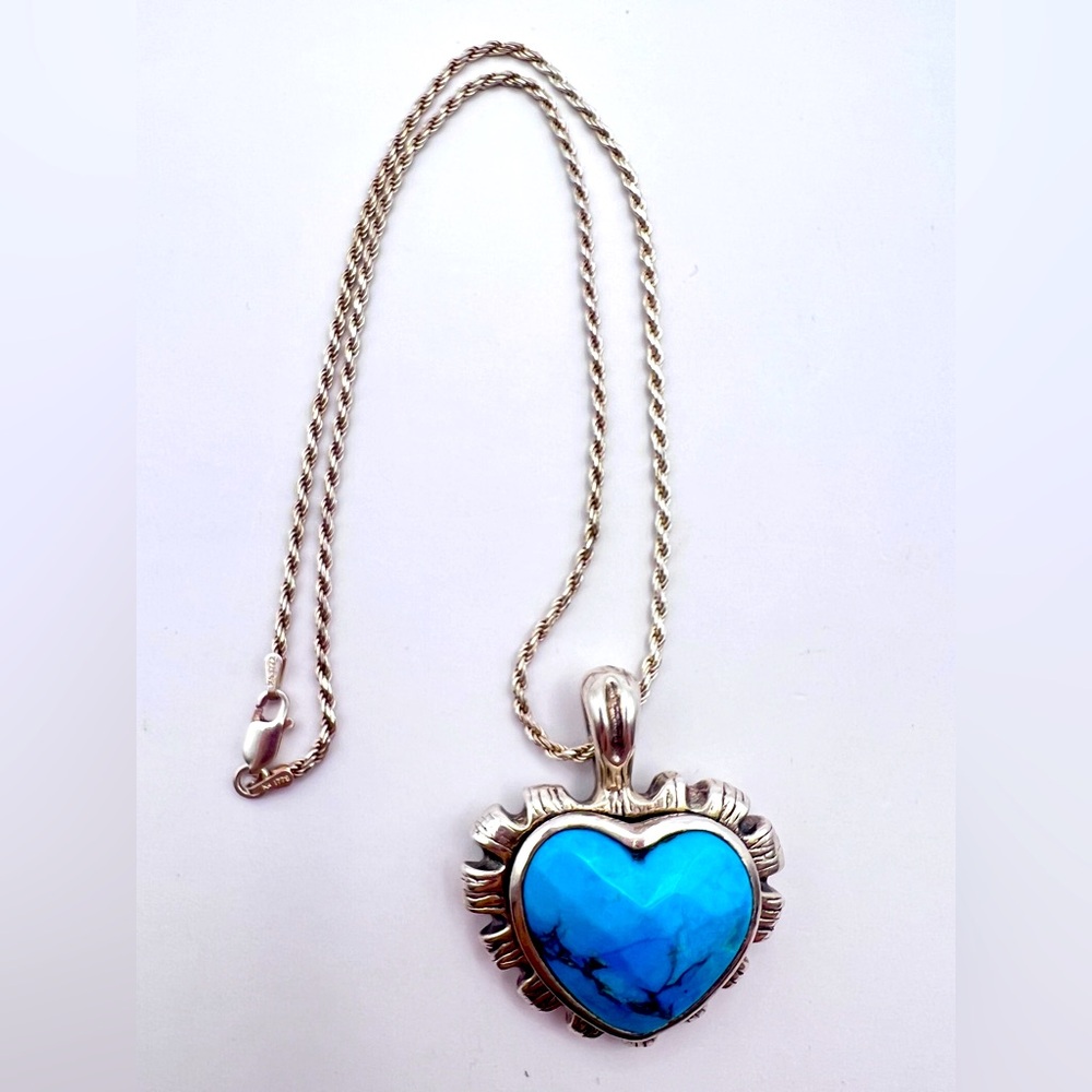 Sterling Silver 925 Italy Rope Chain Necklace Large Heart Turquoise Pendant